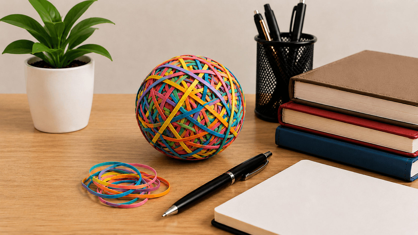 Colorful rubber band ball resting on a wooden office desk next to notebooks