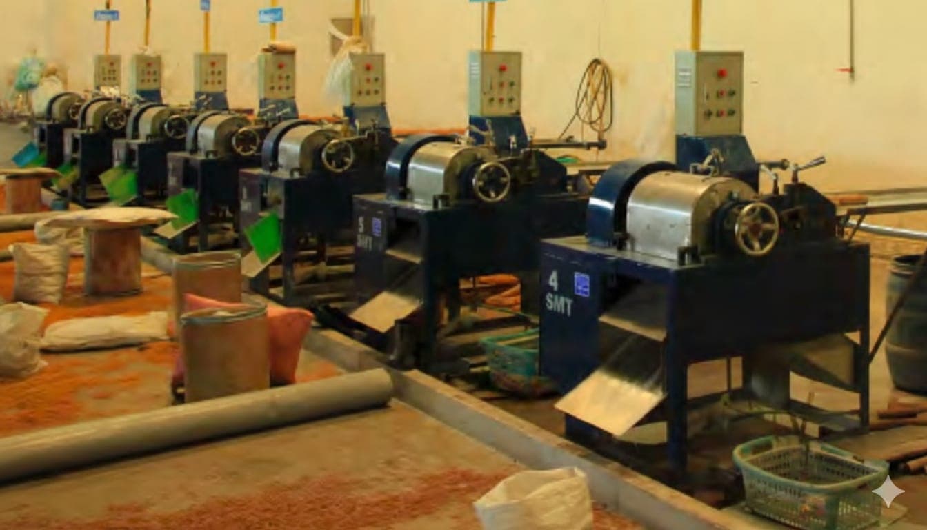 Precision cutting machinery on a rubber band extrusion line at the Maruey Rubber factory in Rayong, Thailand
