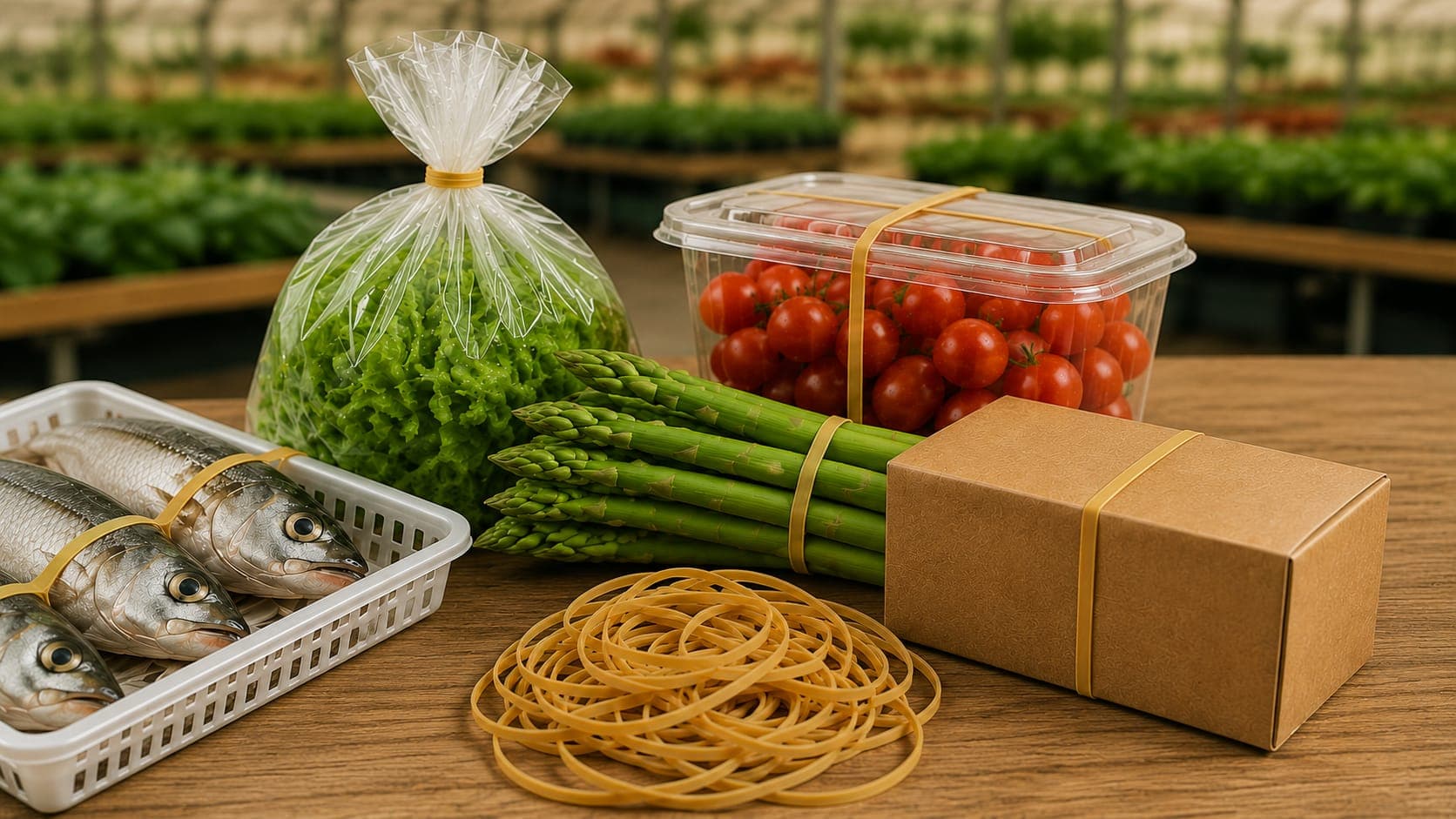 Fascio di verdure verdi avvolte in elastici agricoli insieme a sacchetti di alimenti confezionati